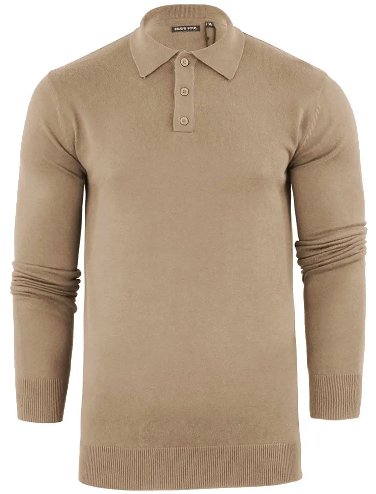 Placket C Long Sleeve Knitted Polo Shirt in Stone sold by Tokyo Laundry