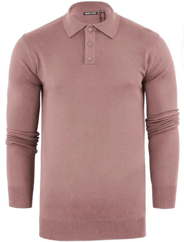 Placket C Long Sleeve Knitted Polo Shirt in Pink sold by Tokyo Laundry