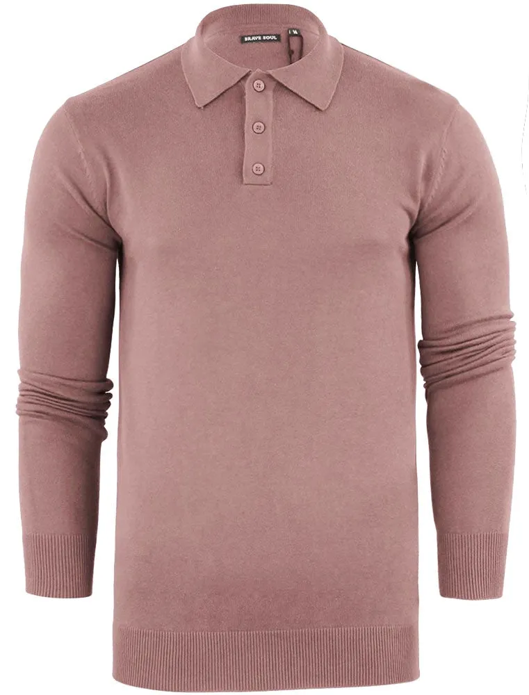 Placket C Long Sleeve Knitted Polo Shirt in Pink sold by Tokyo Laundry
