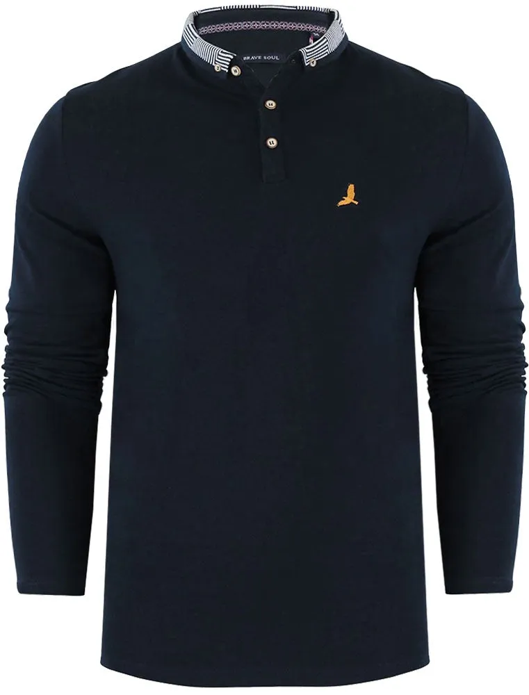 Hatter Long Sleeve Polo Shirt with Printed Collar in Navy sold by Tokyo Laundry