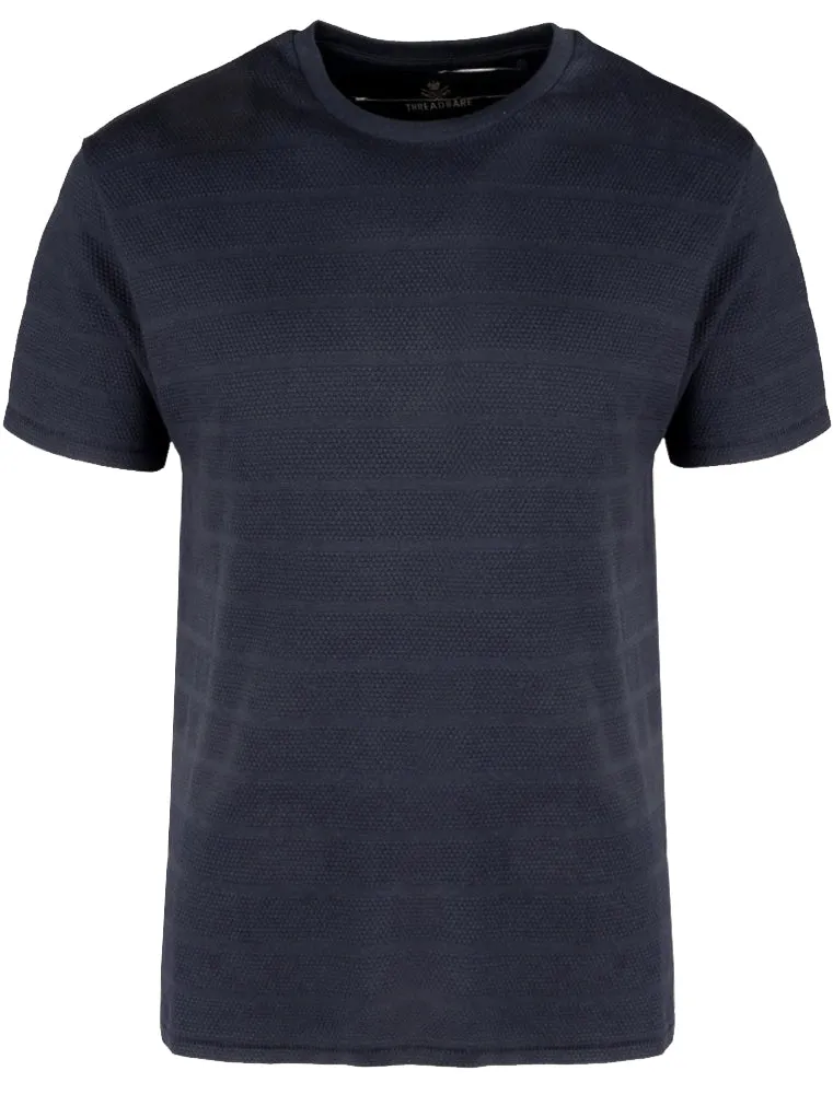 Stockton Crew Neck Cotton T-Shirt with Striped Texture in Navy sold by Tokyo Laundry