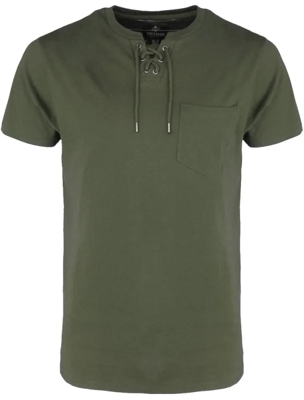 Ripon Cotton T-Shirt with Drawstrings and Chest Pocket in Khaki made by Threadbare