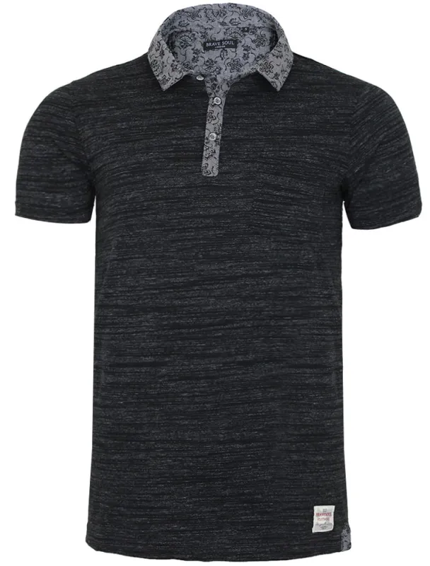 Klee Floral Collar Melange Polo Shirt in Black Marl sold by Tokyo Laundry