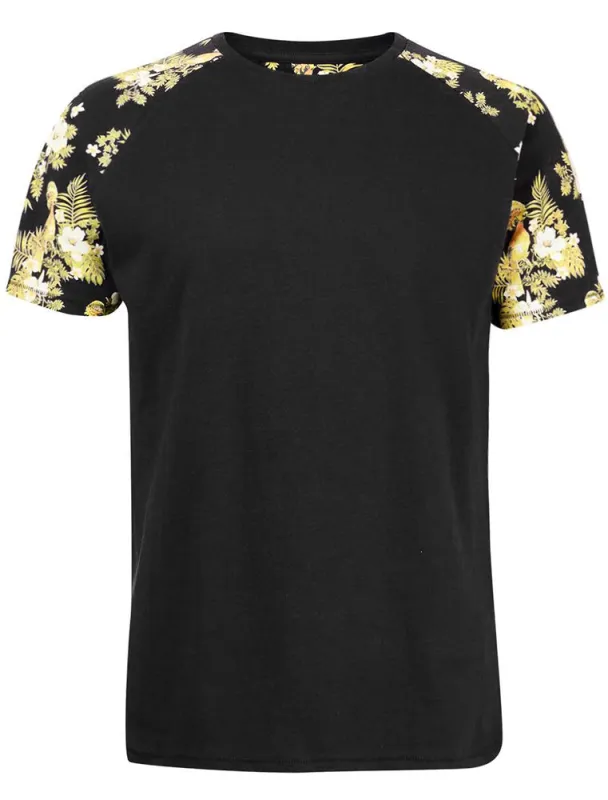Big Valley Tropical Leaf Raglan Sleeve Cotton T-Shirt in Black made by Threadbare