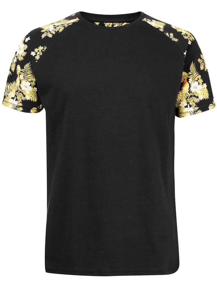 Big Valley Tropical Leaf Raglan Sleeve Cotton T-Shirt in Black sold by Tokyo Laundry