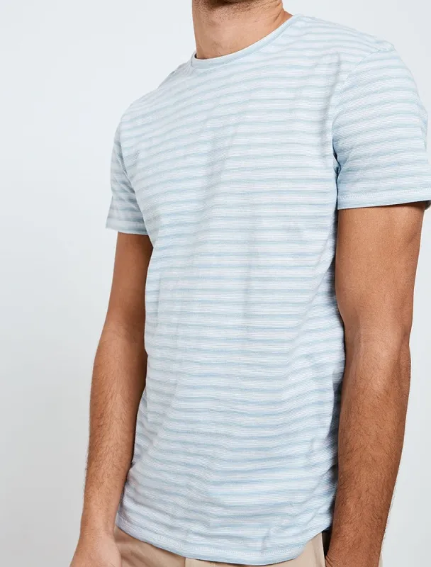 Honeylake Stripe Crew Neck T-Shirt in Cornflower Blue made by Threadbare