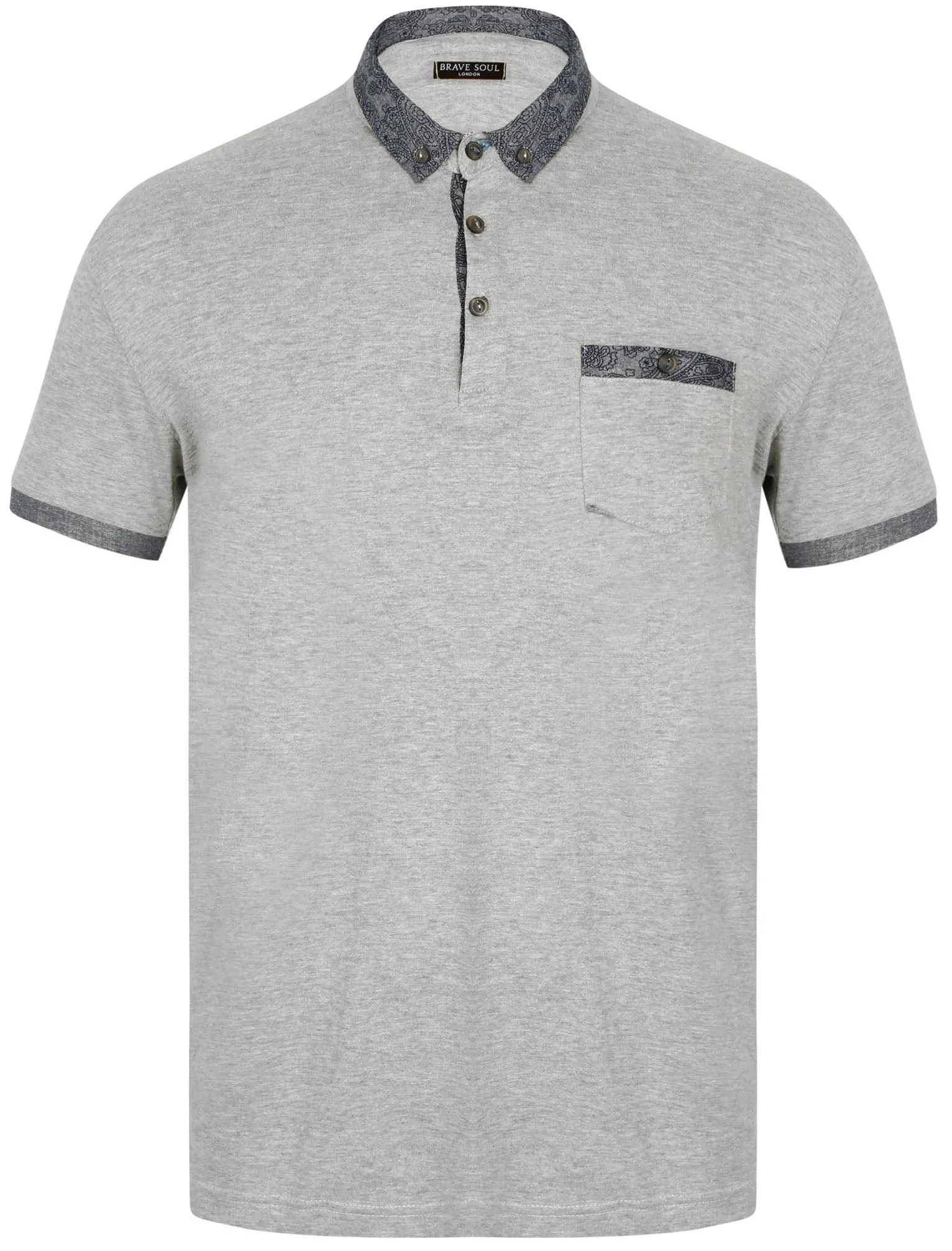 Gill Polo Shirt with Paisley Trim in Light Grey Marl sold by Tokyo Laundry