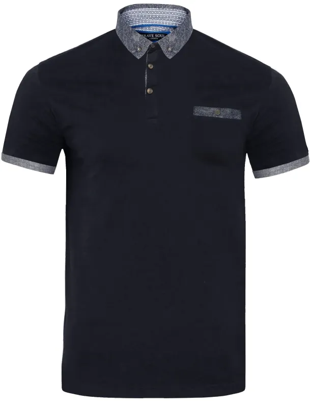 Gill Polo Shirt with Paisley Trim in Navy sold by Tokyo Laundry