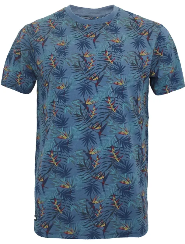Manteca Tropical Leaf Print Crew Neck T-Shirt in Denim Marl made by Brave Soul