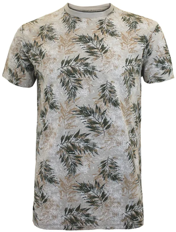 Newberry Tropical Leaf Crew Neck T-Shirt in Fawn made by Threadbare