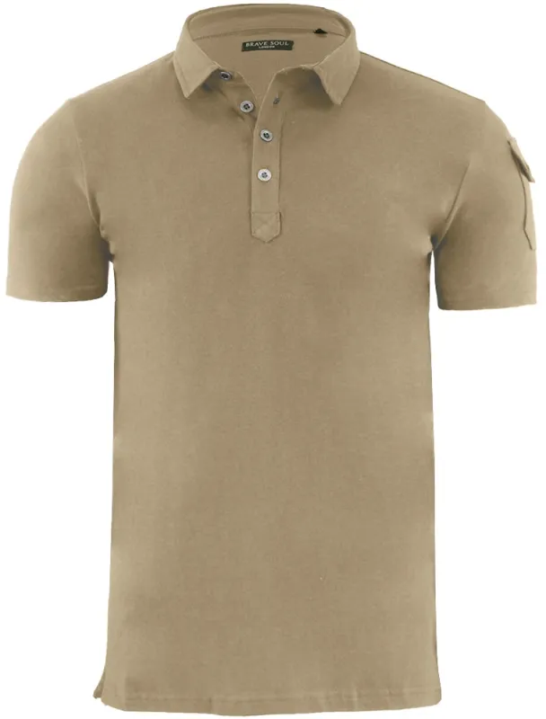 Joe Cotton Pique Polo Shirt with Military Sleeve Pocket in Mushroom made by Brave Soul