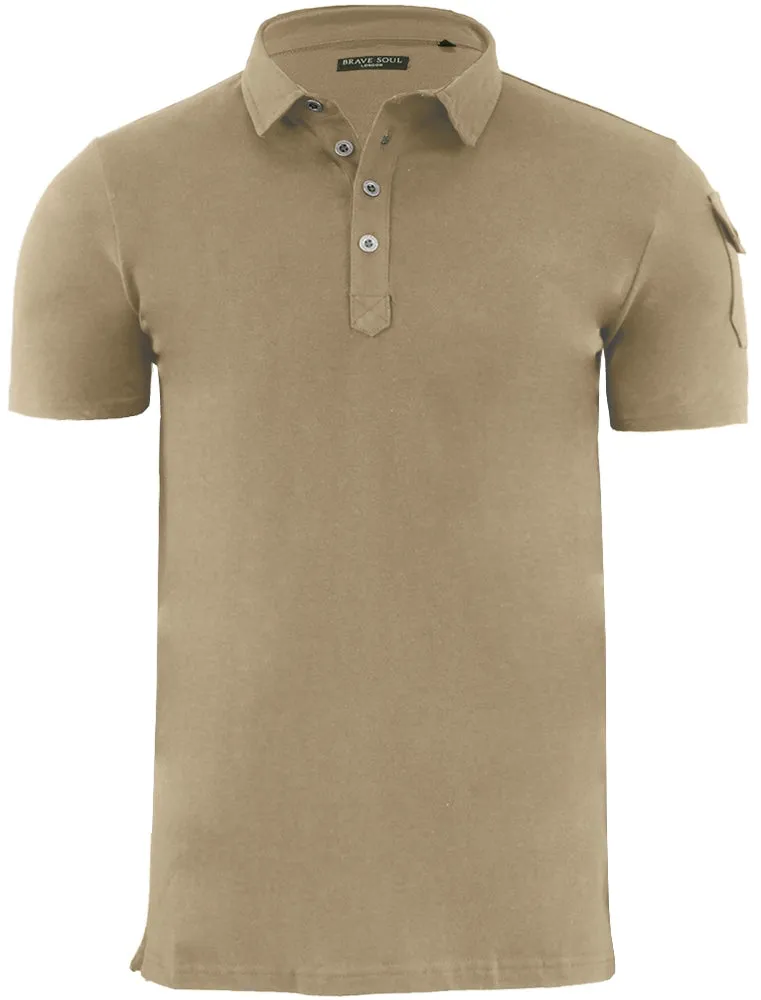 Joe Cotton Pique Polo Shirt with Military Sleeve Pocket in Mushroom sold by Tokyo Laundry