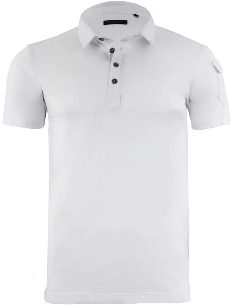 Joe Cotton Pique Polo Shirt with Military Sleeve Pocket in White sold by Tokyo Laundry