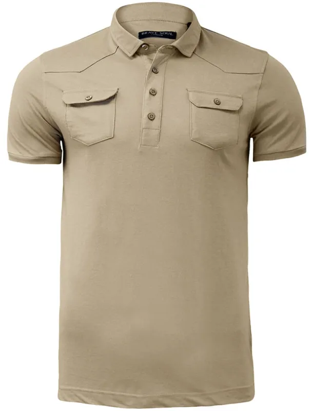 Frazer Cotton Jersey Polo Shirt with Chest Pockets in Mushroom made by Brave Soul