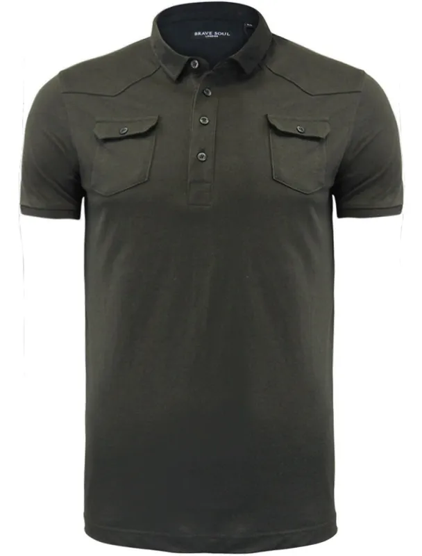 Frazer Cotton Jersey Polo Shirt with Chest Pockets in Khaki made by Brave Soul