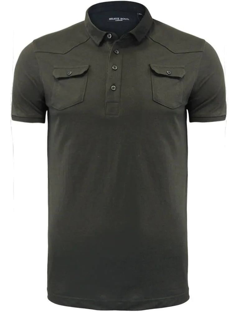 Frazer Cotton Jersey Polo Shirt with Chest Pockets in Khaki sold by Tokyo Laundry