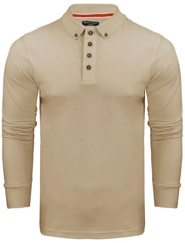 Howell Long Sleeve Polo Shirt in Mushroom sold by Tokyo Laundry
