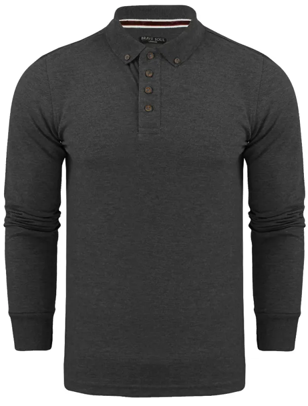 Howell Long Sleeve Polo Shirt in Charcoal Marl sold by Tokyo Laundry