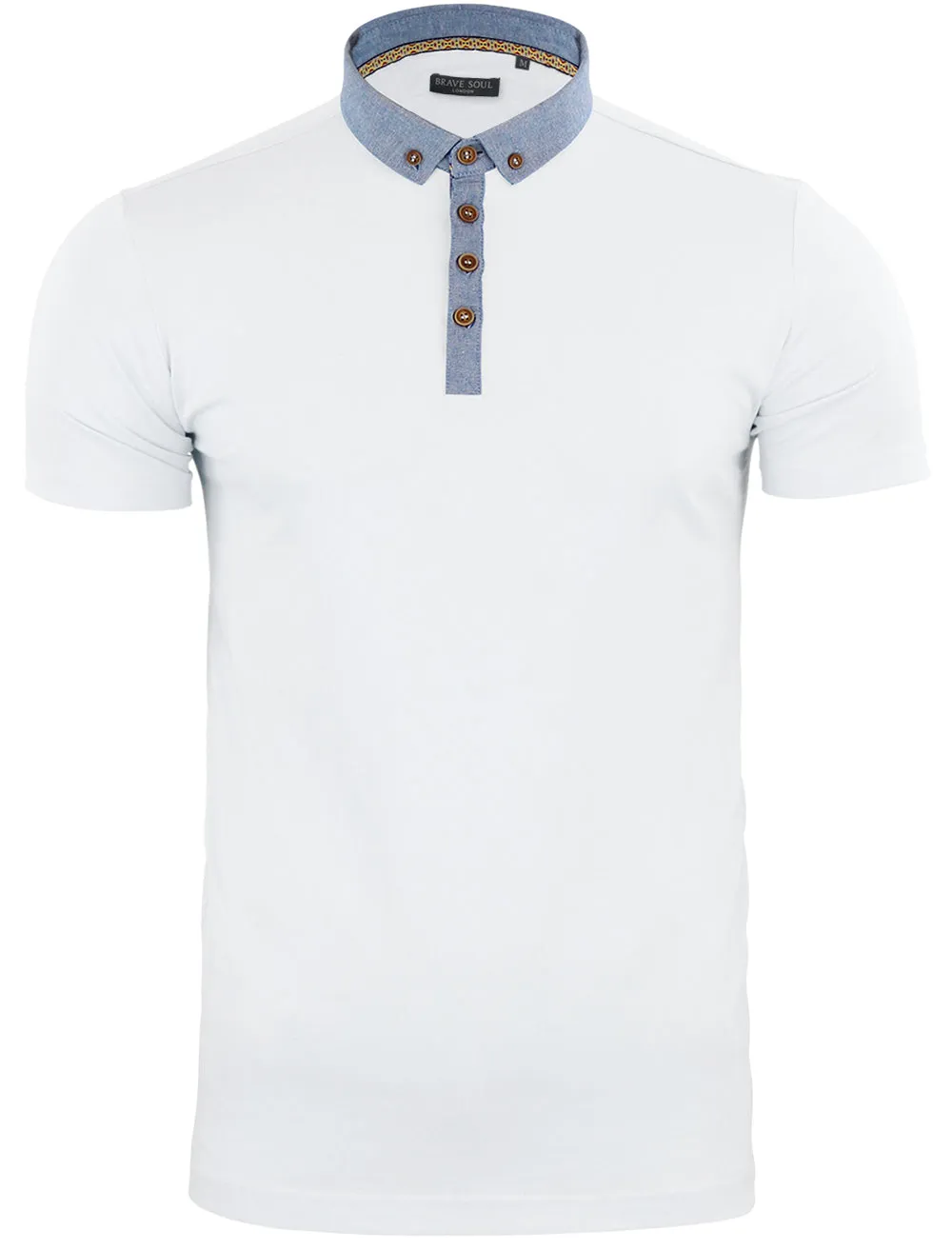 Chimerah Cotton Polo Shirt with Chambray Collar in White sold by Tokyo Laundry