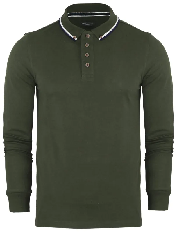 Kennedy Tipped Collar Long Sleeve Polo Shirt in Khaki sold by Tokyo Laundry