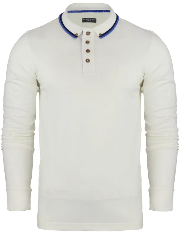 Kennedy Tipped Collar Long Sleeve Polo Shirt in Ecru made by Brave Soul