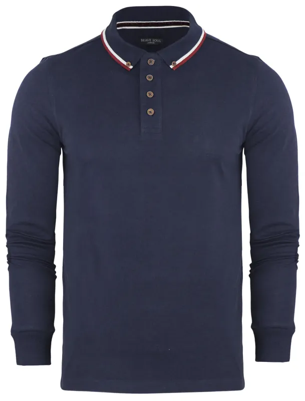 Kennedy Tipped Collar Long Sleeve Polo Shirt in Navy made by Brave Soul