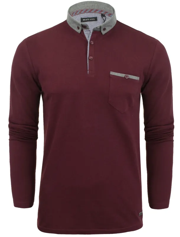 Herae Chambray Collar Long Sleeve Polo Shirt in Burgundy made by Tokyo Laundry