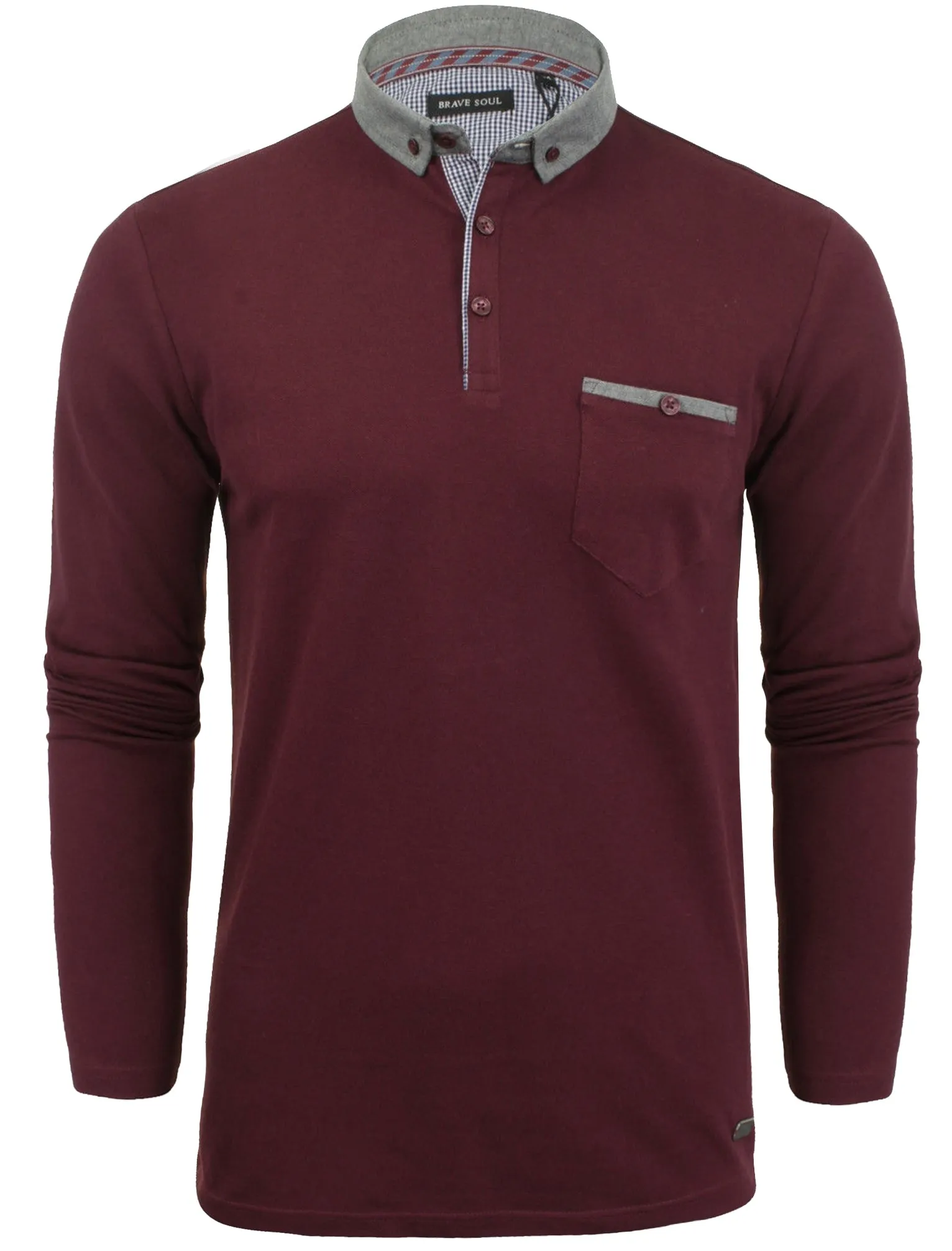 Herae Chambray Collar Long Sleeve Polo Shirt in Burgundy sold by Tokyo Laundry