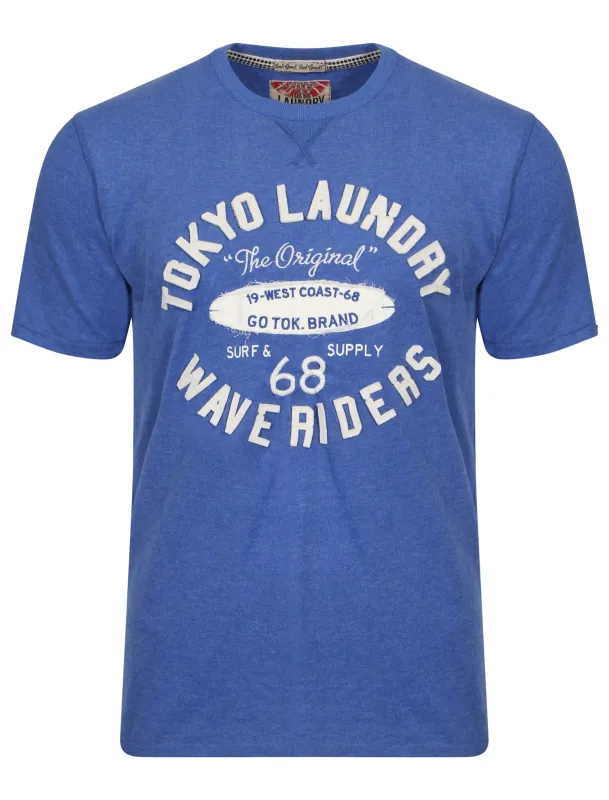 Wave Riders Motif Cotton T-Shirt in Cornflower Blue Marl - Tokyo Laundry made by Tokyo Laundry