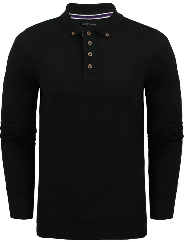 Howell Long Sleeve Polo Shirt in Black sold by Tokyo Laundry
