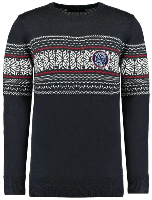 Kyle Crew Neck Knitted Jumper with Fairisle Panel in Navy made by Brave Soul