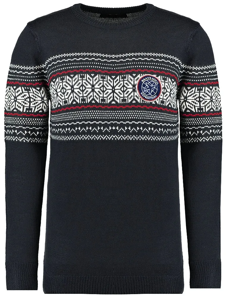 Kyle Crew Neck Knitted Jumper with Fairisle Panel in Navy sold by Tokyo Laundry