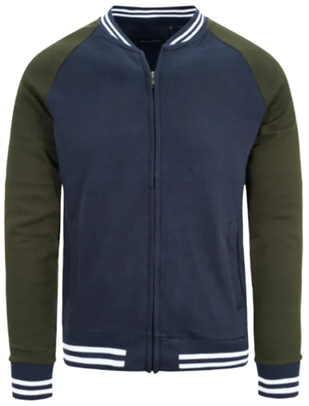 Erich Jersey Zip Through Bomber Jacket with Raglan Sleeves in Dark Navy / Khaki made by Brave Soul