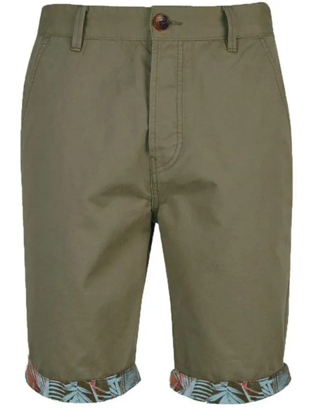 Mentekka Chino Shorts with Tropical Print Turn Up Hem in Khaki made by Threadbare