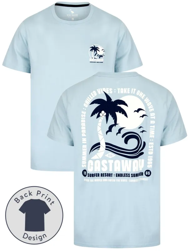 Castaway Back Print Motif Cotton Jersey T-Shirt in Angel Falls Blue - South Shore made by Tokyo Laundry
