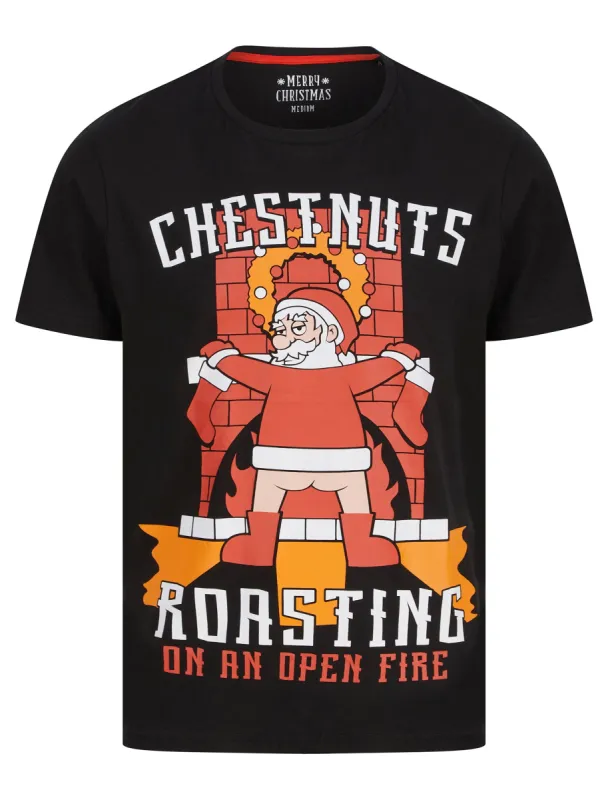 Men's Chestnuts Roasting Motif Novelty Cotton Christmas T-Shirt in Jet Black - Merry Christmas sold by Tokyo Laundry