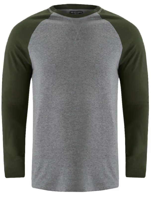 Osbourne Contrast Raglan Long Sleeve Top in Mid Grey Marl / Dark Khaki made by Brave Soul