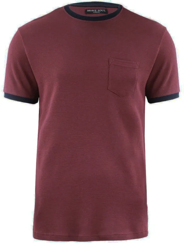 Dunne Textured Crew Neck Ringer T-Shirt with Chest Pocket in Oxblood sold by Tokyo Laundry