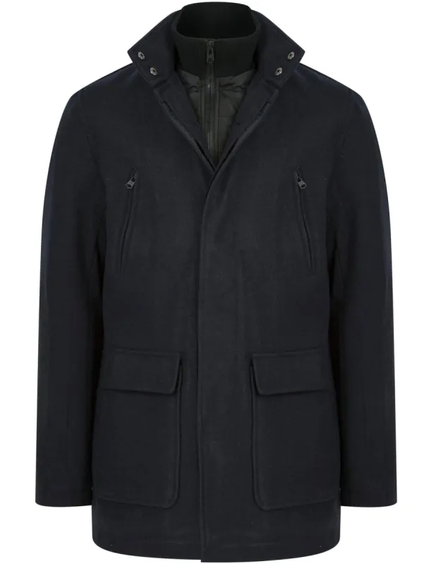 Clayne Wool Look Notch Collar Tailored Coat with Quilted Mock Insert in Navy - Tokyo Laundry sold by Tokyo Laundry
