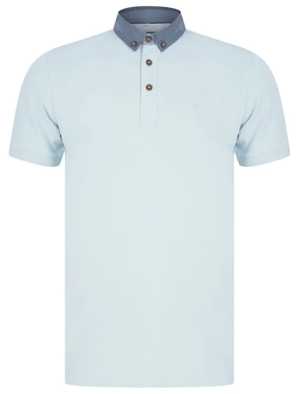 Passmore Cotton Pique Polo Shirt with Chambray Collar in Skyway - Kensington Eastside sold by Tokyo Laundry