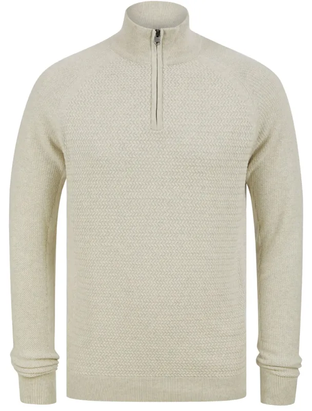 Karo Half Zip Textured Knit Cotton Jumper In Oatgrey Marl - Kensington Eastside sold by Tokyo Laundry