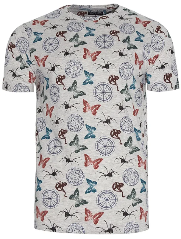 Medley Print Crew Neck Cotton T-Shirt in Oatgrey sold by Tokyo Laundry