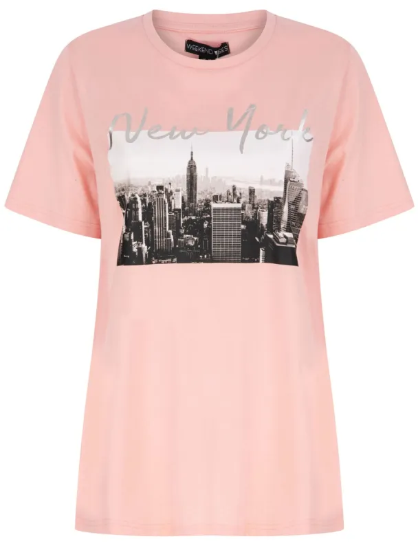 Empire New York Motif Cotton T-Shirt with Silver Foil Detail in Powder Pink - Weekend Vibes sold by Tokyo Laundry
