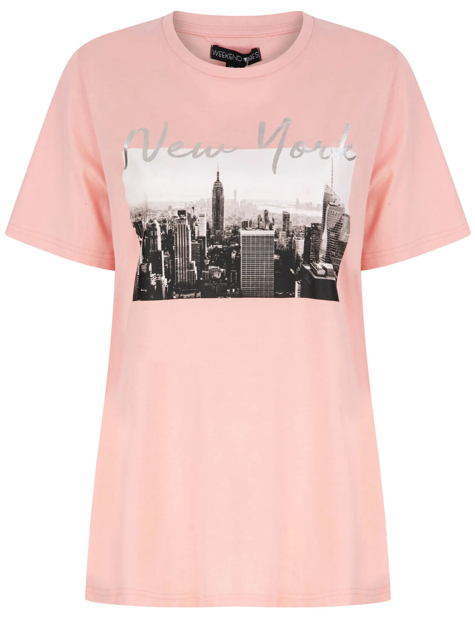Empire New York Motif Cotton T-Shirt with Silver Foil Detail in Powder Pink - Weekend Vibes sold by Tokyo Laundry