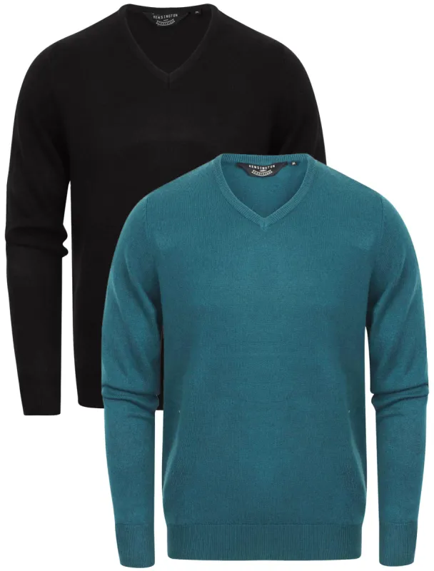 Marling (2 Pack) Soft Cashmillon Knitted V Neck Jumpers in Black / Kingfisher Blue - Kensington Eastside sold by Tokyo Laundry
