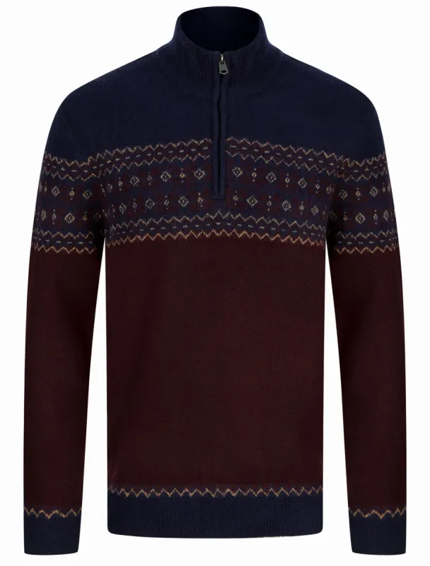 Remedy Quarter Zip Fair Isle Knit Funnel Neck Jumper in Ink - Kensington Eastside sold by Tokyo Laundry