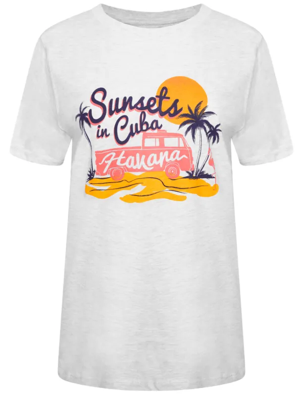 Sunsets Motif Cotton Crew Neck T-Shirt in White Grey Marl - South Shore sold by Tokyo Laundry