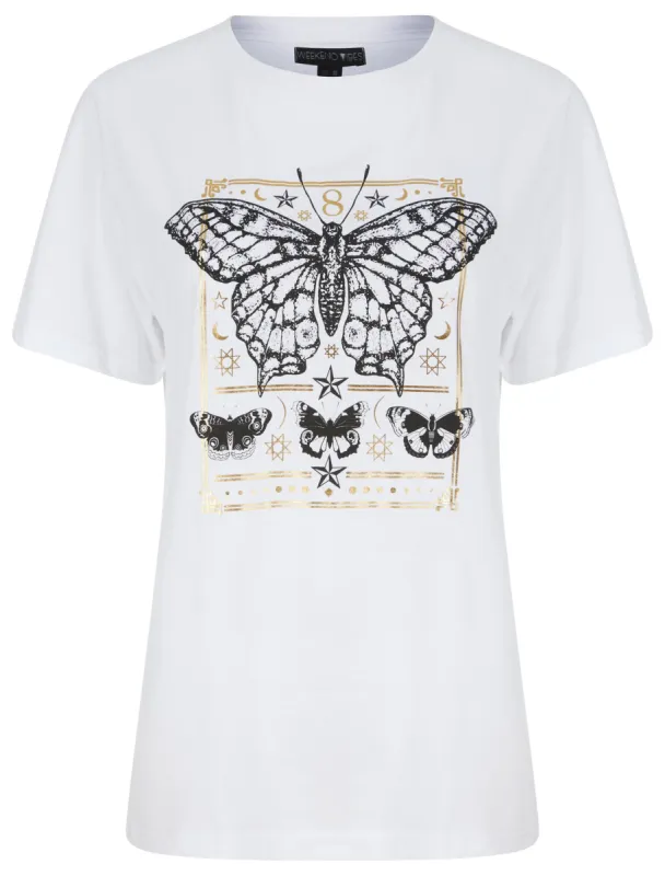 Border Fly Butterfly Motif Cotton T-Shirt With Gold Foil in Optic White - Weekend Vibes sold by Tokyo Laundry