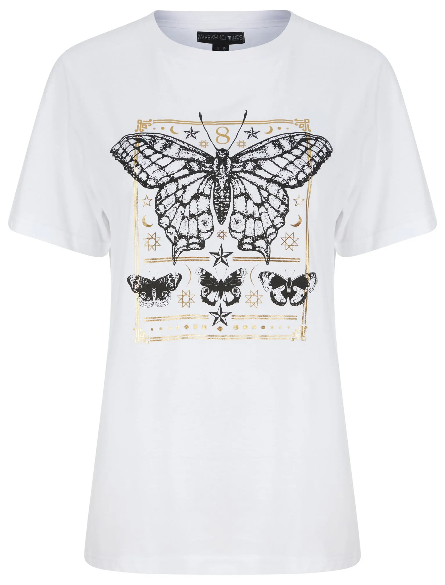 Border Fly Butterfly Motif Cotton T-Shirt With Gold Foil in Optic White - Weekend Vibes sold by Tokyo Laundry