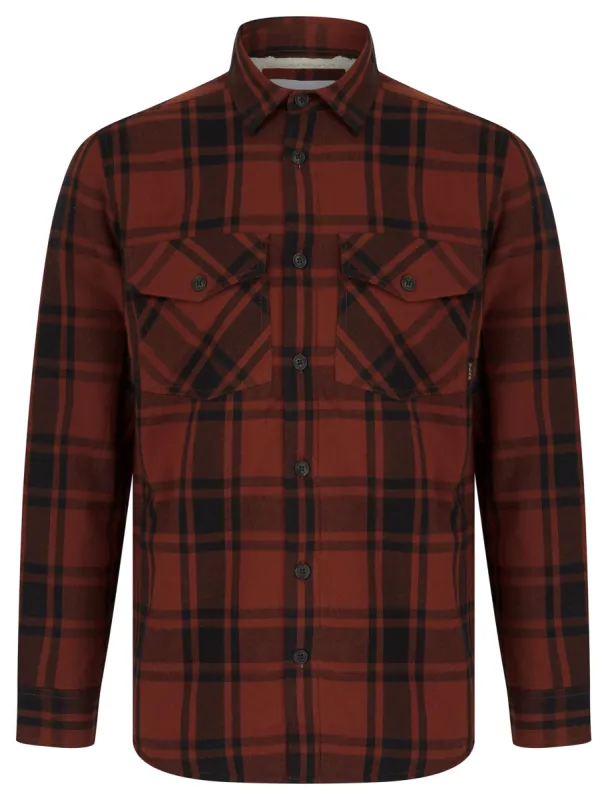 Polpara Sherpa Fleece Lined Cotton Flannel Checked Overshirt Jacket in Fire Brick Red - Tokyo Laundry sold by Tokyo Laundry